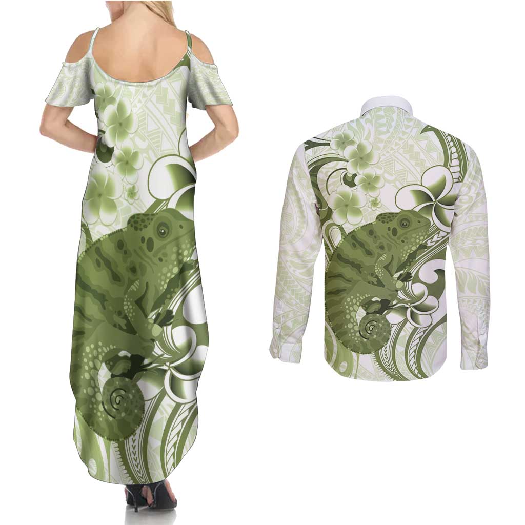 Green And White Hawaii Chameleon Couples Matching Summer Maxi Dress and Long Sleeve Button Shirt Plumeria Polynesian Tribal Art LT14 - Polynesian Pride