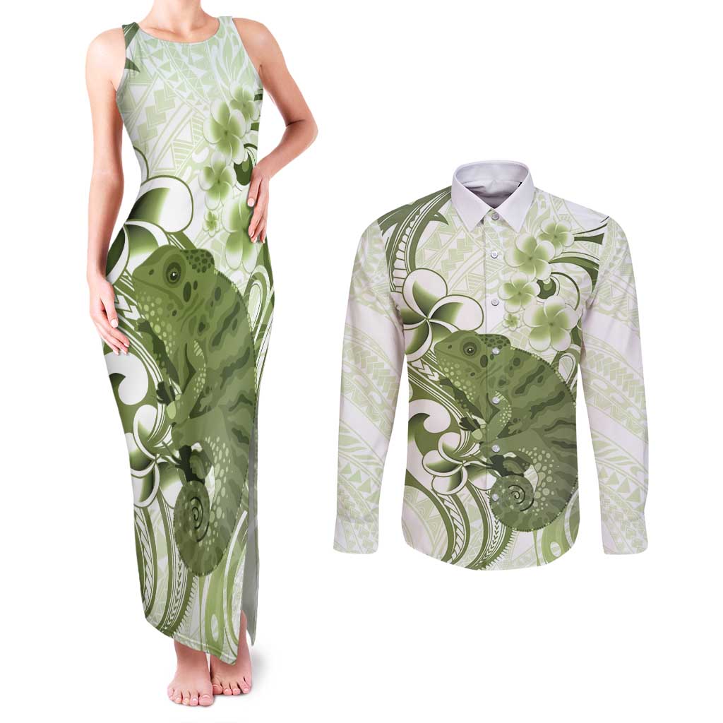 Green And White Hawaii Chameleon Couples Matching Tank Maxi Dress and Long Sleeve Button Shirt Plumeria Polynesian Tribal Art LT14 Lime Green - Polynesian Pride