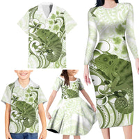 Green And White Hawaii Chameleon Family Matching Long Sleeve Bodycon Dress and Hawaiian Shirt Plumeria Polynesian Tribal Art LT14 - Polynesian Pride