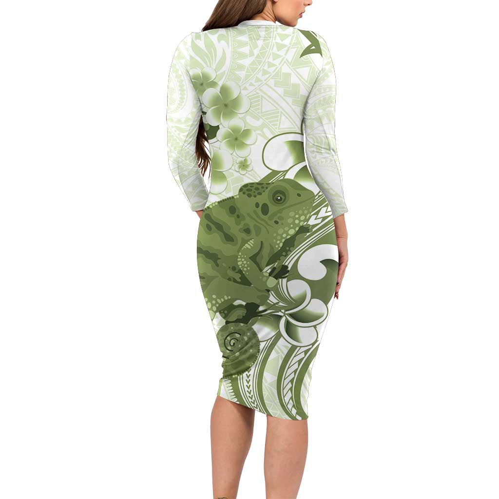 Green And White Hawaii Chameleon Family Matching Long Sleeve Bodycon Dress and Hawaiian Shirt Plumeria Polynesian Tribal Art LT14 - Polynesian Pride