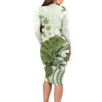 Green And White Hawaii Chameleon Family Matching Long Sleeve Bodycon Dress and Hawaiian Shirt Plumeria Polynesian Tribal Art LT14 - Polynesian Pride