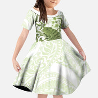 Green And White Hawaii Chameleon Family Matching Off The Shoulder Long Sleeve Dress and Hawaiian Shirt Plumeria Polynesian Tribal Art LT14 Daughter's Dress Lime Green - Polynesian Pride