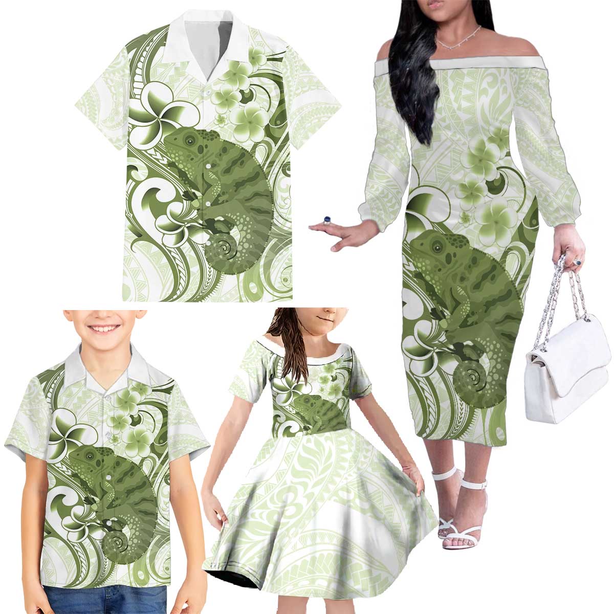 Green And White Hawaii Chameleon Family Matching Off The Shoulder Long Sleeve Dress and Hawaiian Shirt Plumeria Polynesian Tribal Art LT14 - Polynesian Pride
