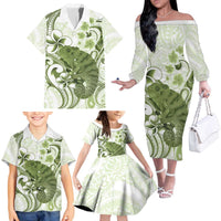 Green And White Hawaii Chameleon Family Matching Off The Shoulder Long Sleeve Dress and Hawaiian Shirt Plumeria Polynesian Tribal Art LT14 - Polynesian Pride