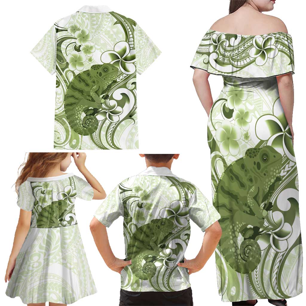 Green And White Hawaii Chameleon Family Matching Off Shoulder Maxi Dress and Hawaiian Shirt Plumeria Polynesian Tribal Art LT14 - Polynesian Pride