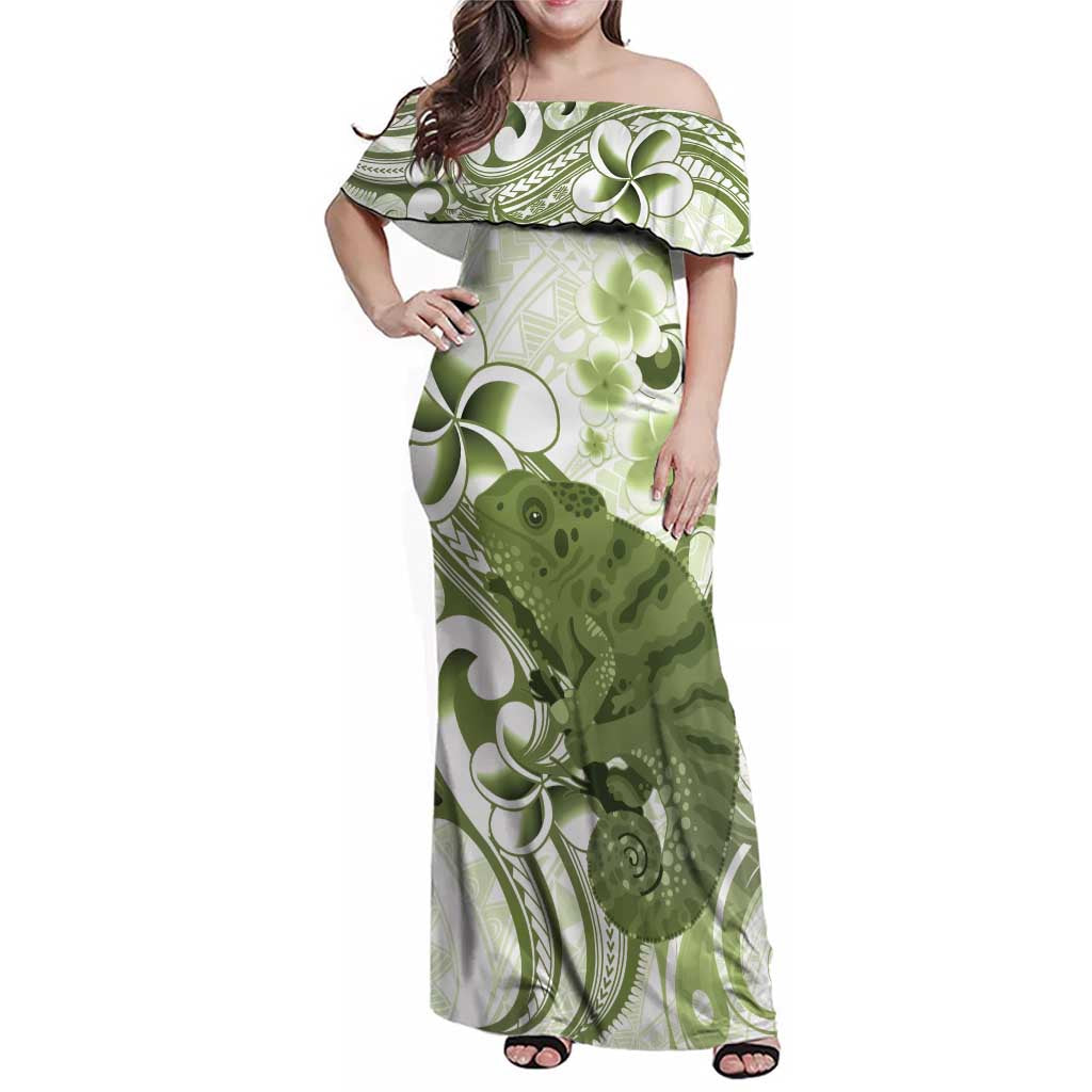 Green And White Hawaii Chameleon Family Matching Off Shoulder Maxi Dress and Hawaiian Shirt Plumeria Polynesian Tribal Art LT14 Mom's Dress Lime Green - Polynesian Pride