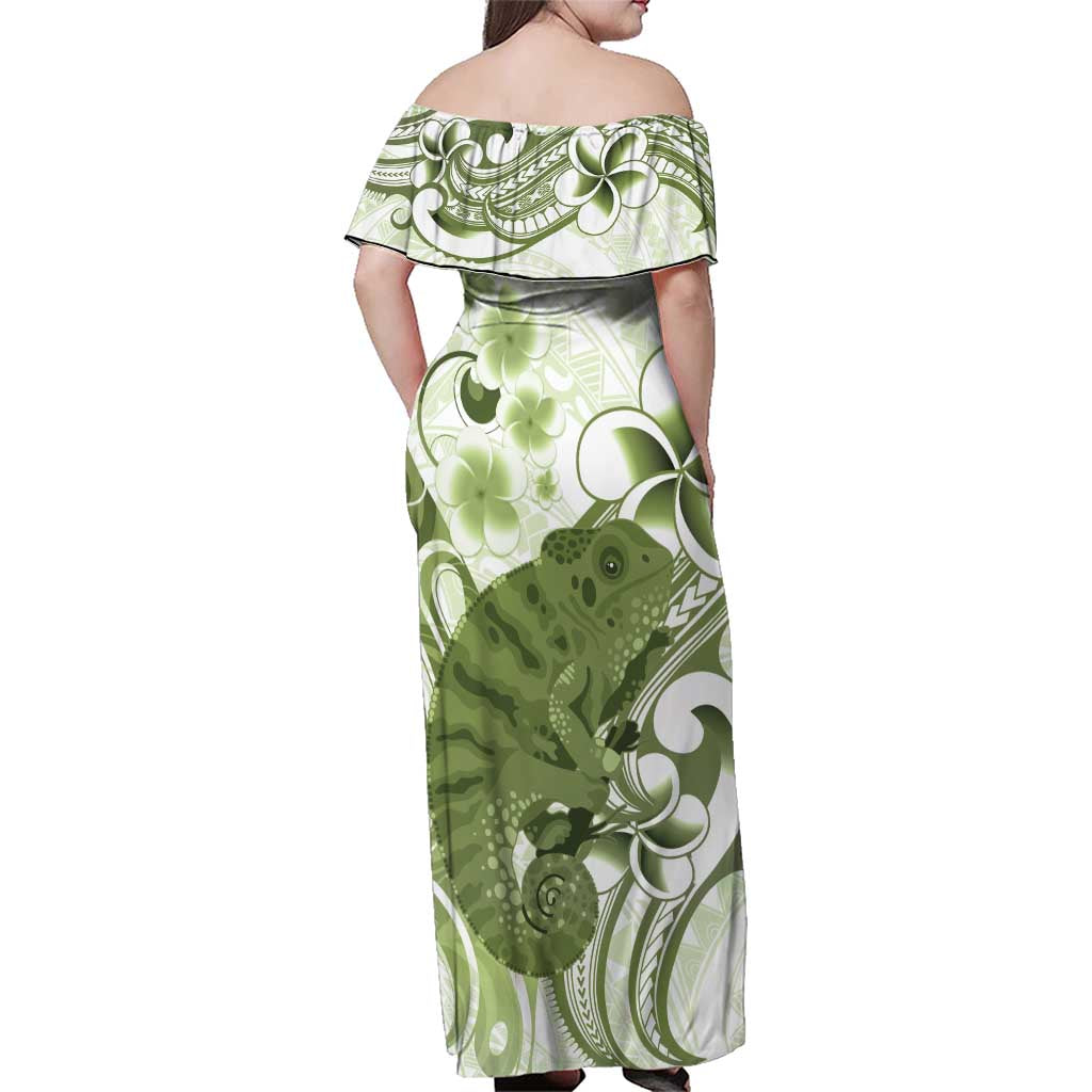 Green And White Hawaii Chameleon Family Matching Off Shoulder Maxi Dress and Hawaiian Shirt Plumeria Polynesian Tribal Art LT14 - Polynesian Pride
