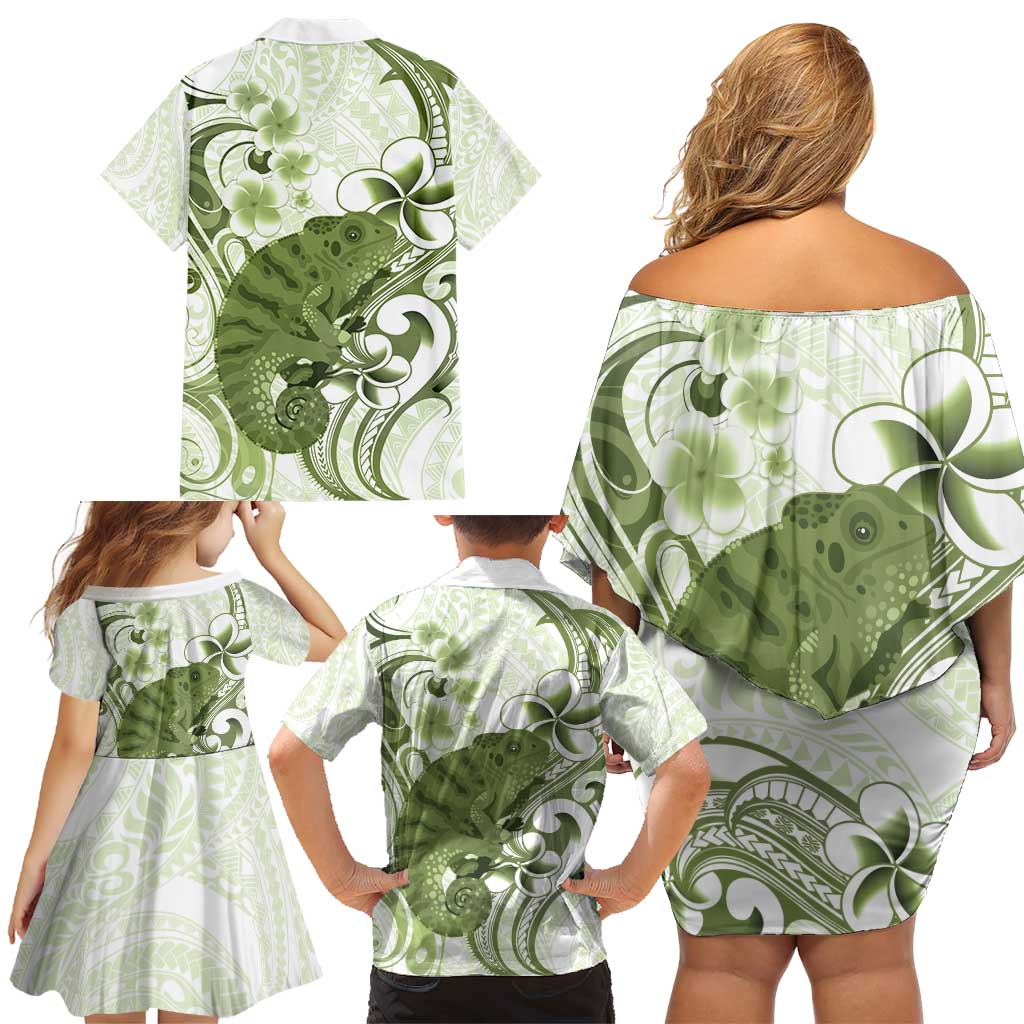 Green And White Hawaii Chameleon Family Matching Off Shoulder Short Dress and Hawaiian Shirt Plumeria Polynesian Tribal Art LT14 - Polynesian Pride