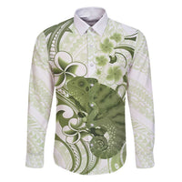 Green And White Hawaii Chameleon Family Matching Puletasi and Hawaiian Shirt Plumeria Polynesian Tribal Art LT14 Dad's Shirt - Long Sleeve Lime Green - Polynesian Pride