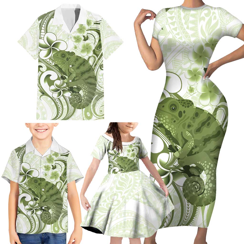Green And White Hawaii Chameleon Family Matching Short Sleeve Bodycon Dress and Hawaiian Shirt Plumeria Polynesian Tribal Art LT14 - Polynesian Pride