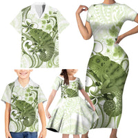 Green And White Hawaii Chameleon Family Matching Short Sleeve Bodycon Dress and Hawaiian Shirt Plumeria Polynesian Tribal Art LT14 - Polynesian Pride