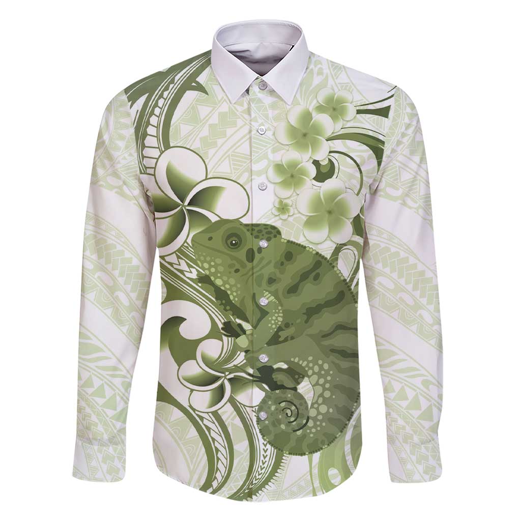 Green And White Hawaii Chameleon Family Matching Short Sleeve Bodycon Dress and Hawaiian Shirt Plumeria Polynesian Tribal Art LT14 Dad's Shirt - Long Sleeve Lime Green - Polynesian Pride