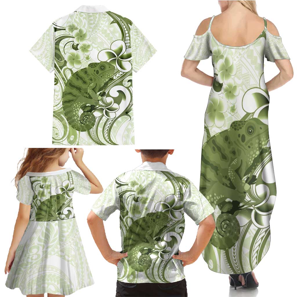 Green And White Hawaii Chameleon Family Matching Summer Maxi Dress and Hawaiian Shirt Plumeria Polynesian Tribal Art LT14 - Polynesian Pride