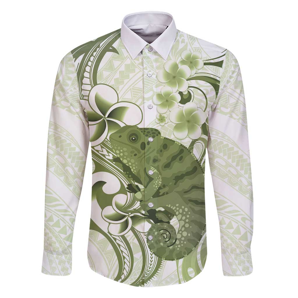 Green And White Hawaii Chameleon Family Matching Summer Maxi Dress and Hawaiian Shirt Plumeria Polynesian Tribal Art LT14 Dad's Shirt - Long Sleeve Lime Green - Polynesian Pride