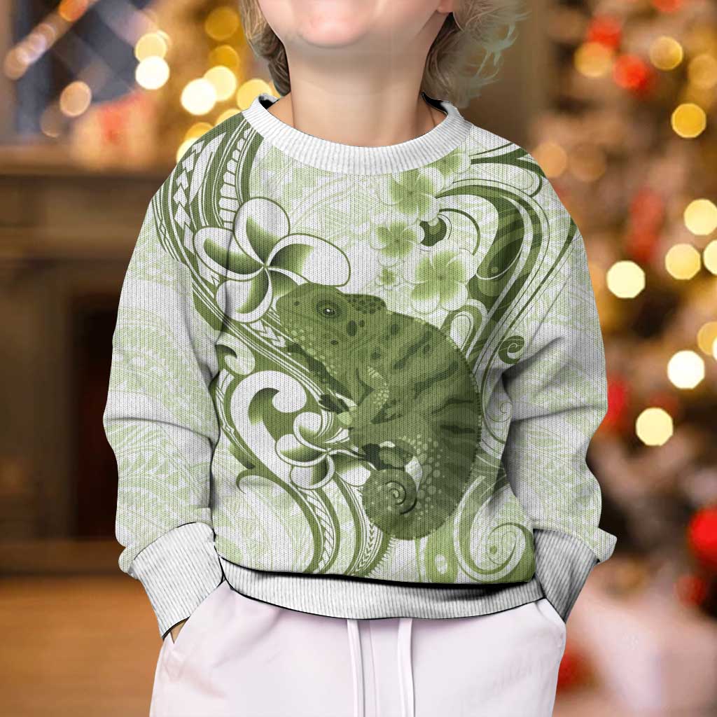 Green And White Hawaii Chameleon Kid Ugly Christmas Sweater Plumeria Polynesian Tribal Art LT14 - Polynesian Pride