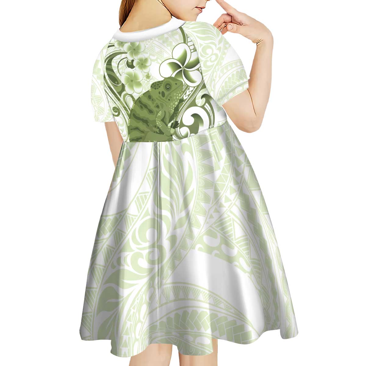 Green And White Hawaii Chameleon Kid Short Sleeve Dress Plumeria Polynesian Tribal Art LT14 - Polynesian Pride