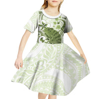 Green And White Hawaii Chameleon Kid Short Sleeve Dress Plumeria Polynesian Tribal Art LT14 - Polynesian Pride