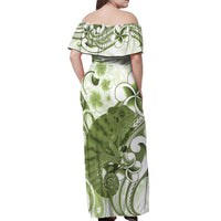 Green And White Hawaii Chameleon Off Shoulder Maxi Dress Plumeria Polynesian Tribal Art
