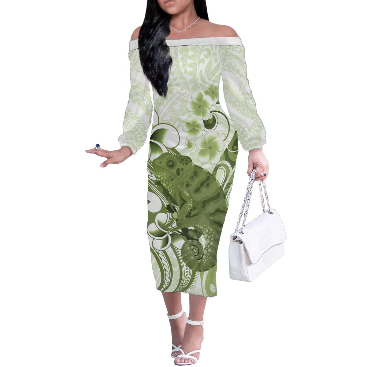 Green And White Hawaii Chameleon Off The Shoulder Long Sleeve Dress Plumeria Polynesian Tribal Art LT14 Women Lime Green - Polynesian Pride