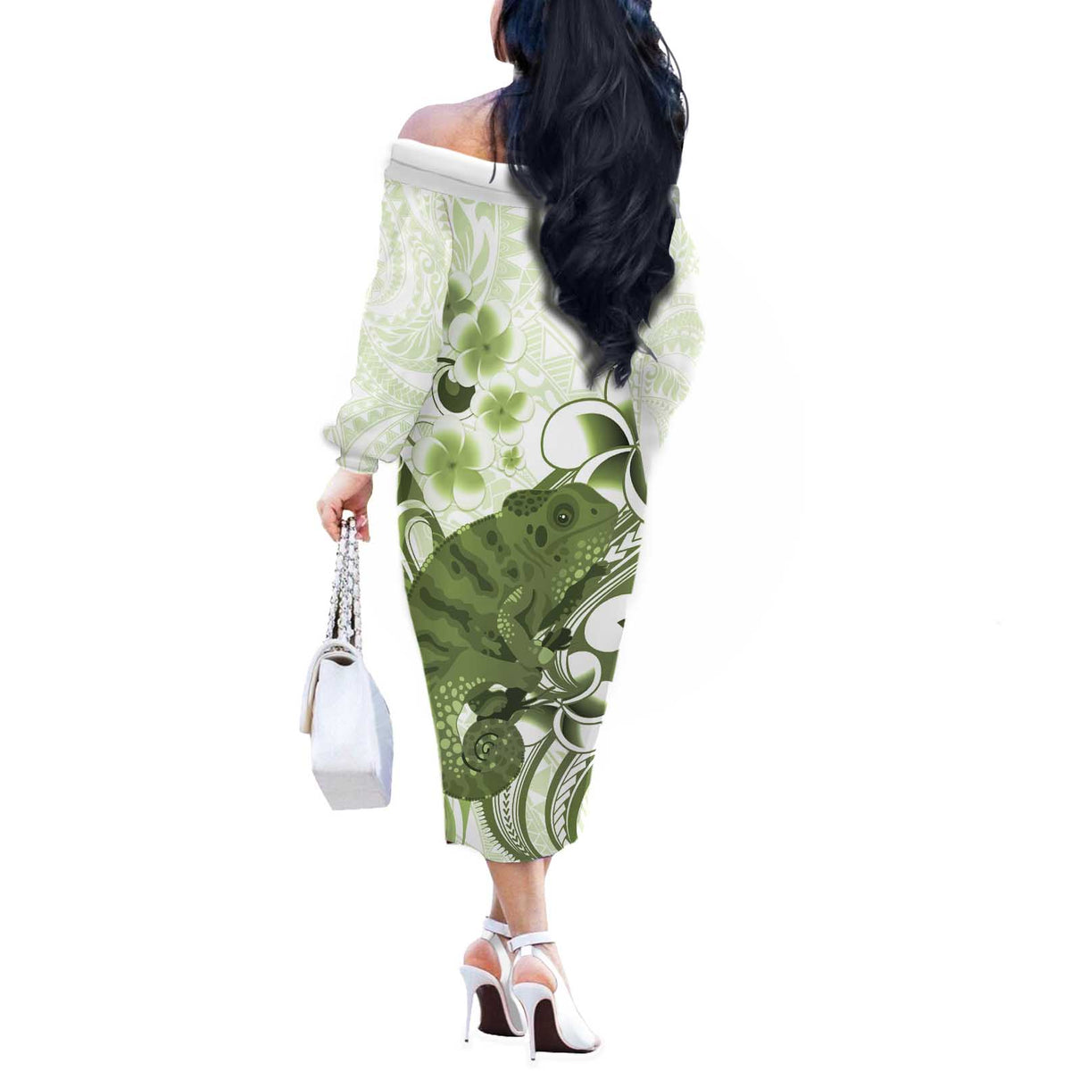 Green And White Hawaii Chameleon Off The Shoulder Long Sleeve Dress Plumeria Polynesian Tribal Art LT14 - Polynesian Pride