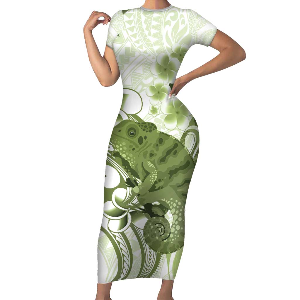 Green And White Hawaii Chameleon Short Sleeve Bodycon Dress Plumeria Polynesian Tribal Art LT14 Long Dress Lime Green - Polynesian Pride