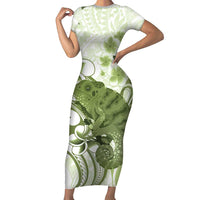 Green And White Hawaii Chameleon Short Sleeve Bodycon Dress Plumeria Polynesian Tribal Art LT14 Long Dress Lime Green - Polynesian Pride