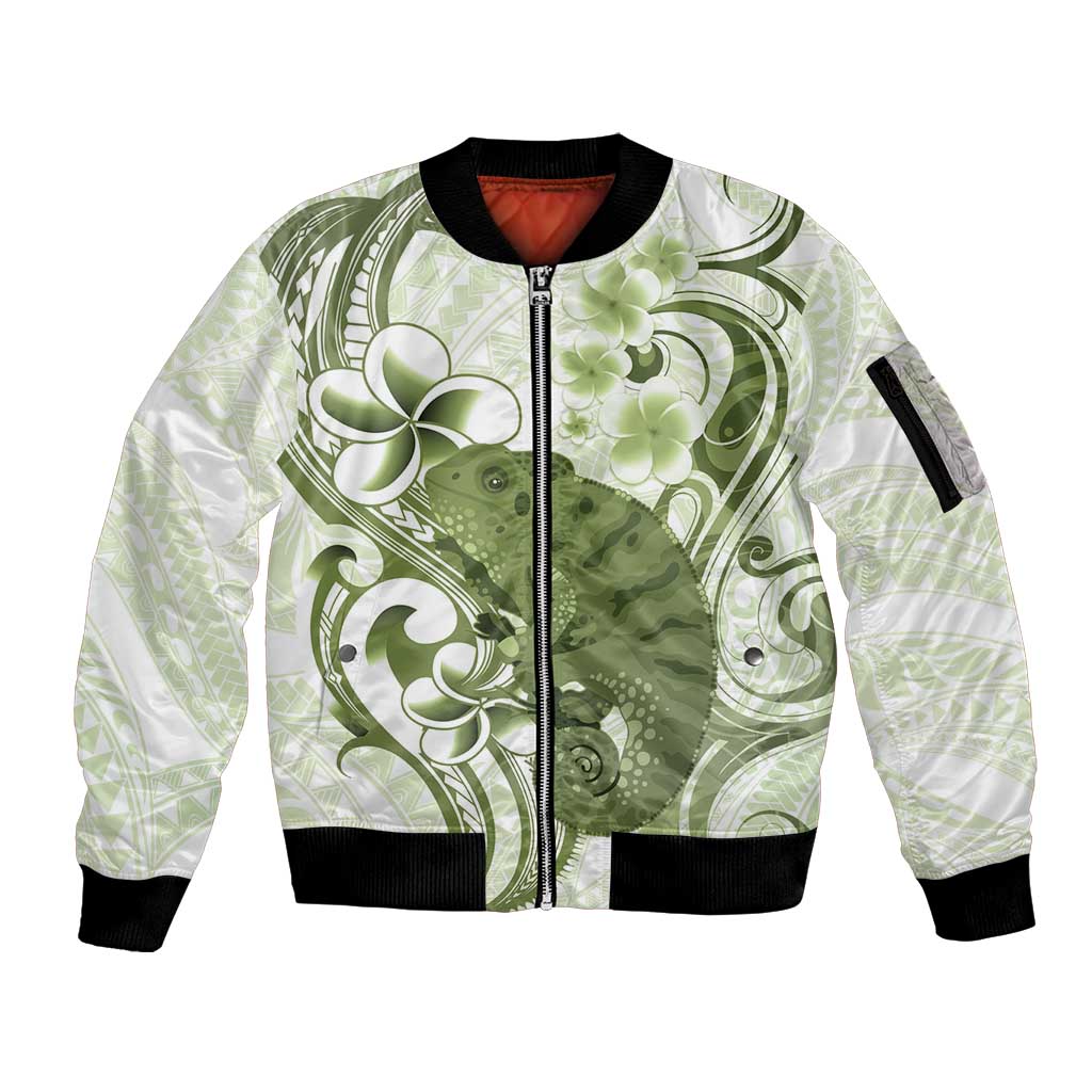 Green And White Hawaii Chameleon Sleeve Zip Bomber Jacket Plumeria Polynesian Tribal Art LT14 Unisex Lime Green - Polynesian Pride