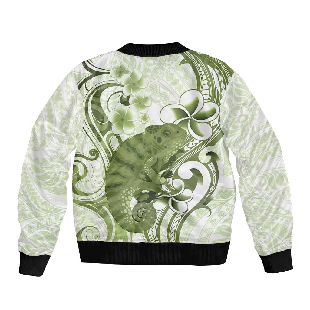 Green And White Hawaii Chameleon Sleeve Zip Bomber Jacket Plumeria Polynesian Tribal Art LT14 - Polynesian Pride