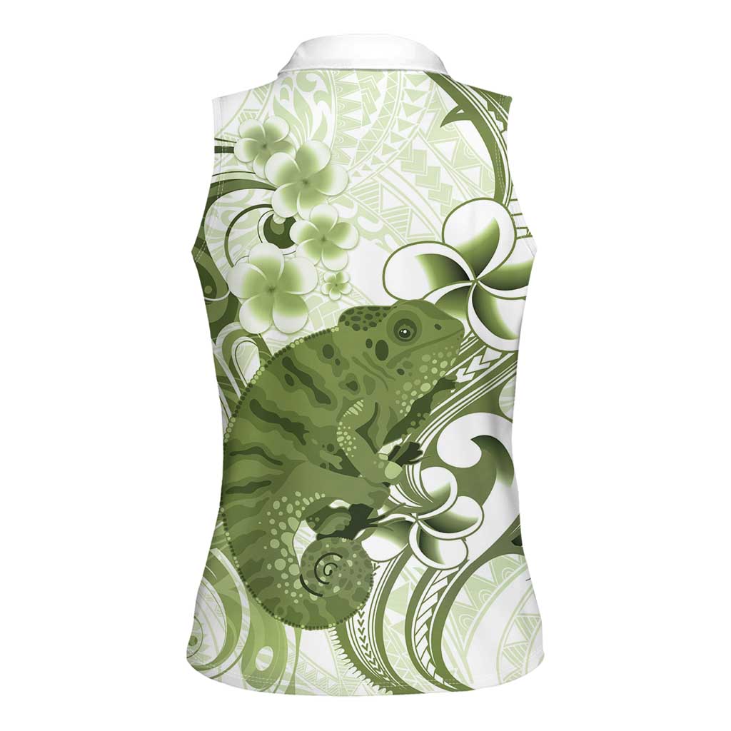 Green And White Hawaii Chameleon Women Sleeveless Polo Shirt Plumeria Polynesian Tribal Art LT14 - Polynesian Pride