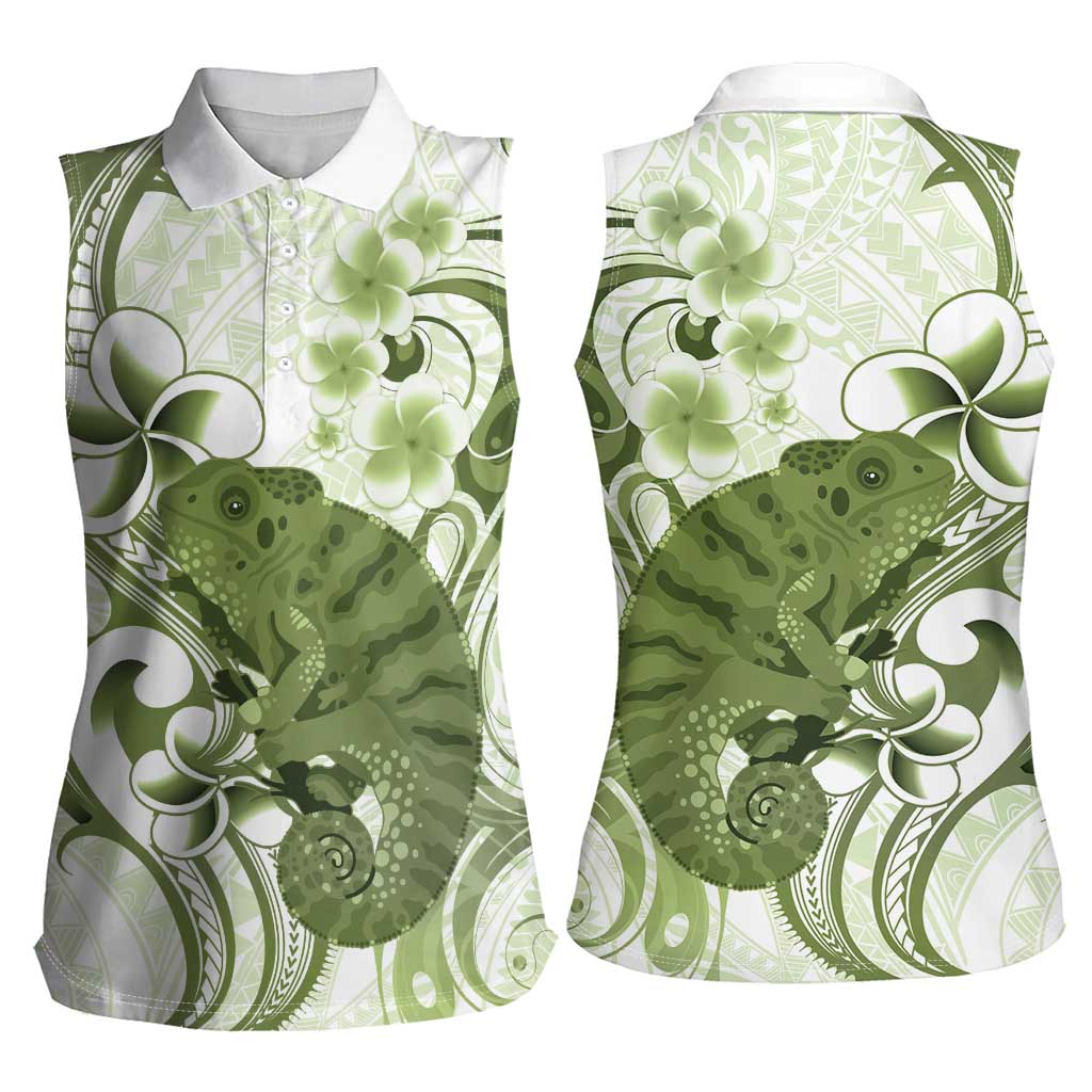 Green And White Hawaii Chameleon Women Sleeveless Polo Shirt Plumeria Polynesian Tribal Art LT14 - Polynesian Pride
