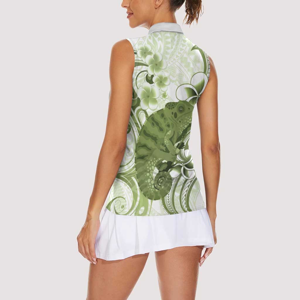 Green And White Hawaii Chameleon Women Sleeveless Polo Shirt Plumeria Polynesian Tribal Art LT14 - Polynesian Pride