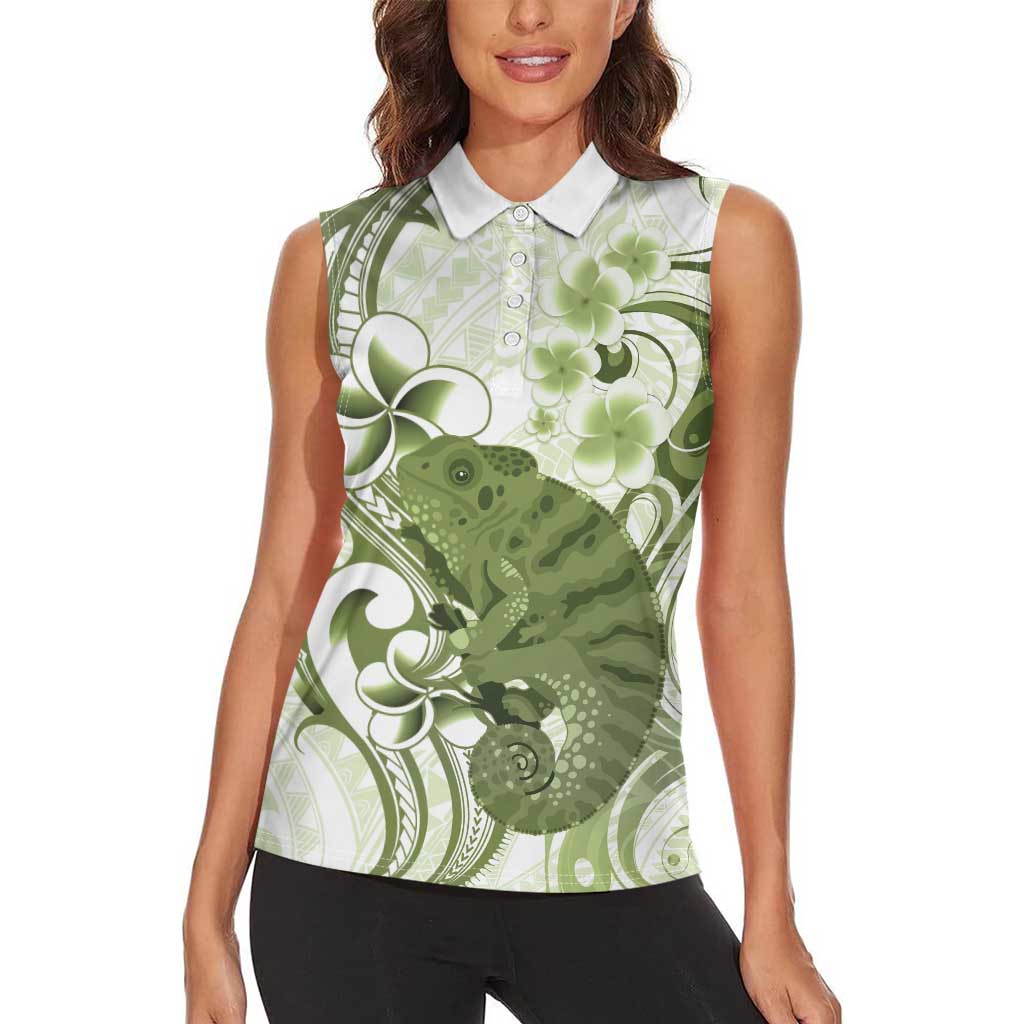 Green And White Hawaii Chameleon Women Sleeveless Polo Shirt Plumeria Polynesian Tribal Art LT14 - Polynesian Pride