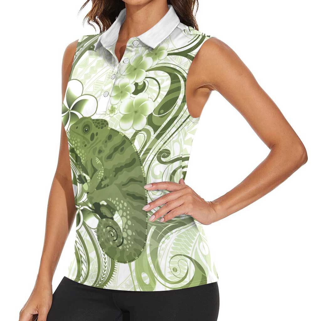 Green And White Hawaii Chameleon Women Sleeveless Polo Shirt Plumeria Polynesian Tribal Art LT14 - Polynesian Pride
