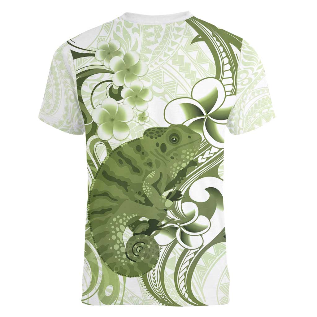 Green And White Hawaii Chameleon Women V-Neck T-Shirt Plumeria Polynesian Tribal Art LT14 - Polynesian Pride