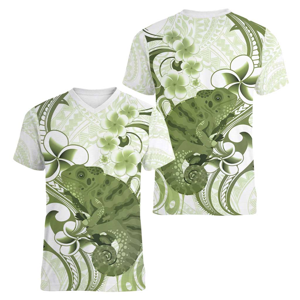 Green And White Hawaii Chameleon Women V-Neck T-Shirt Plumeria Polynesian Tribal Art LT14 - Polynesian Pride