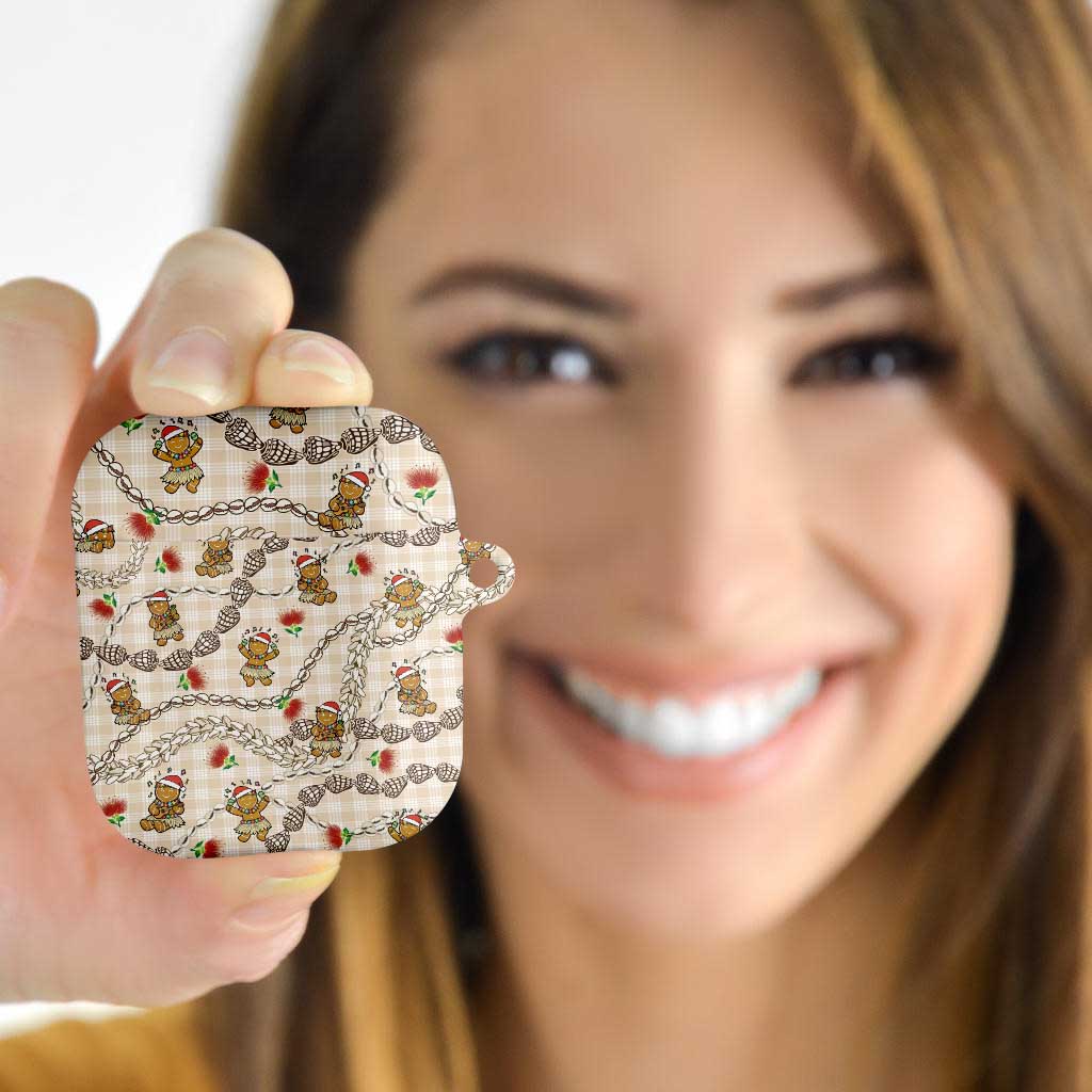 Beige Palaka Hawaii Mele Kalikimaka AirPods Case Ohia Lehua Shell Leis Funny Gingerbread Santa - Polynesian Pride