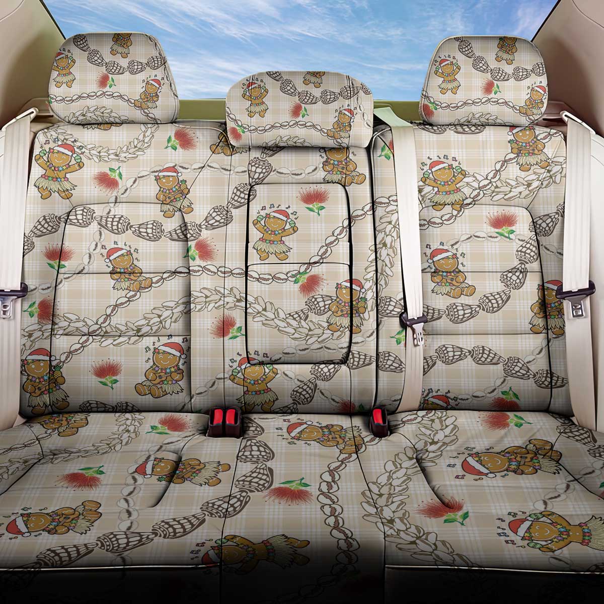 Beige Palaka Hawaii Mele Kalikimaka Back Car Seat Cover Ohia Lehua Shell Leis Funny Gingerbread Santa LT14 One Size Beige - Polynesian Pride