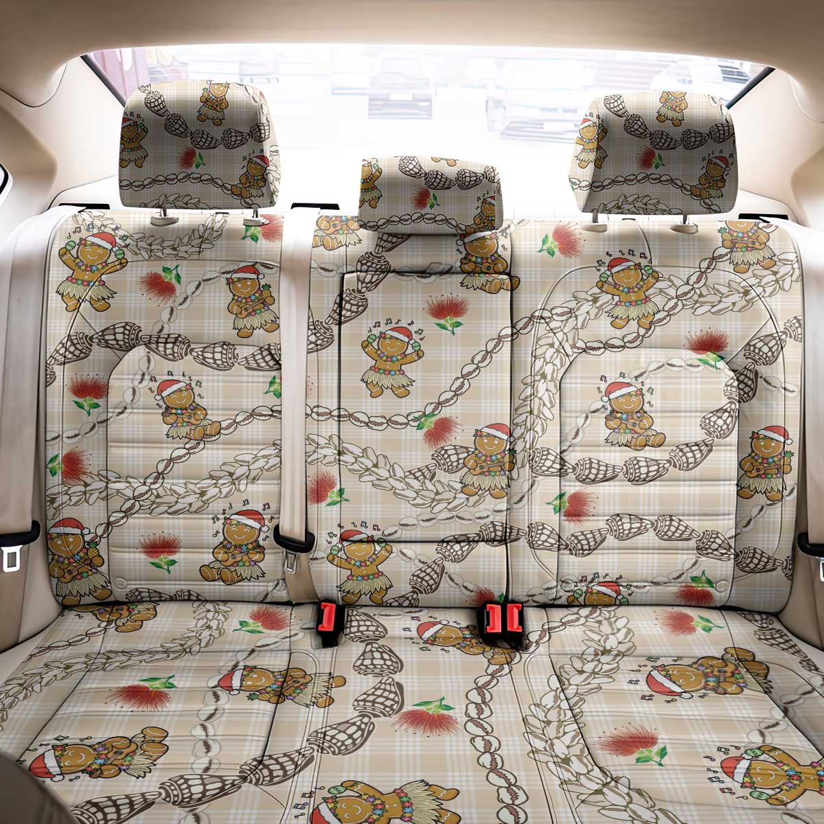 Beige Palaka Hawaii Mele Kalikimaka Back Car Seat Cover Ohia Lehua Shell Leis Funny Gingerbread Santa LT14 - Polynesian Pride