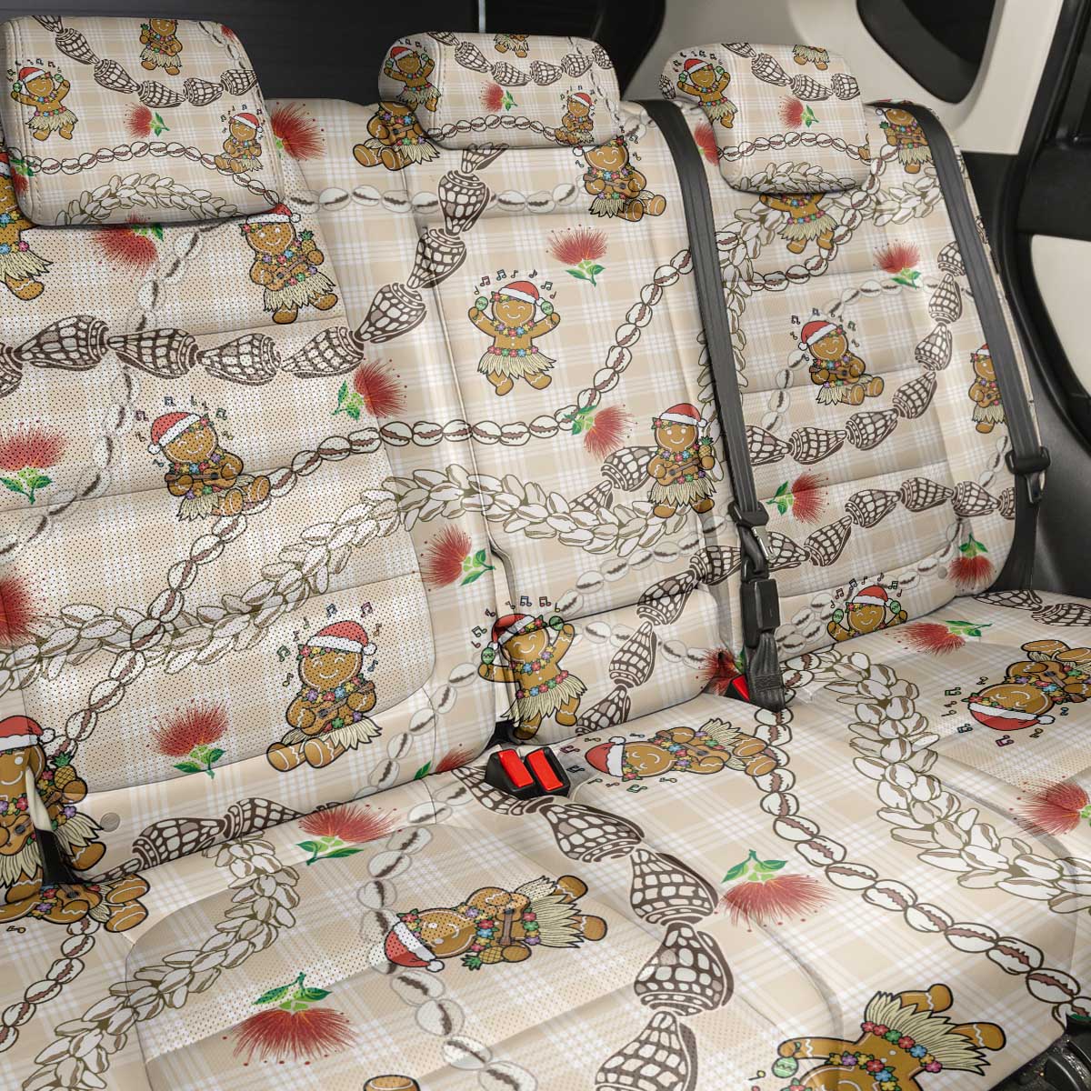 Beige Palaka Hawaii Mele Kalikimaka Back Car Seat Cover Ohia Lehua Shell Leis Funny Gingerbread Santa LT14 - Polynesian Pride