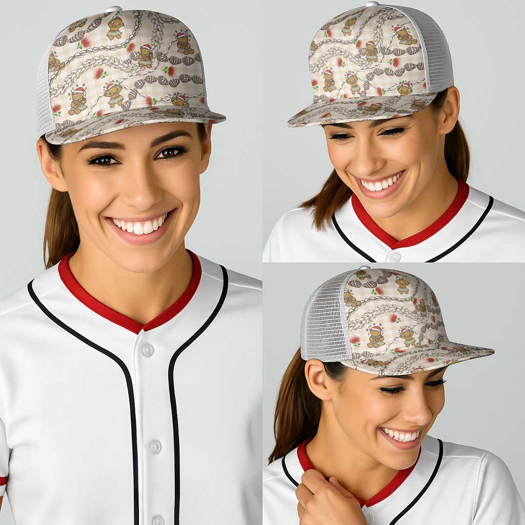 Beige Palaka Hawaii Mele Kalikimaka Baseball Net Cap Ohia Lehua Shell Leis Funny Gingerbread Santa - Polynesian Pride