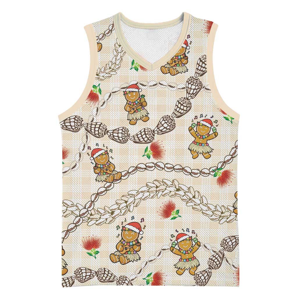 Beige Palaka Hawaii Mele Kalikimaka Basketball Jersey Ohia Lehua Shell Leis Funny Gingerbread Santa LT14 Unisex Beige - Polynesian Pride