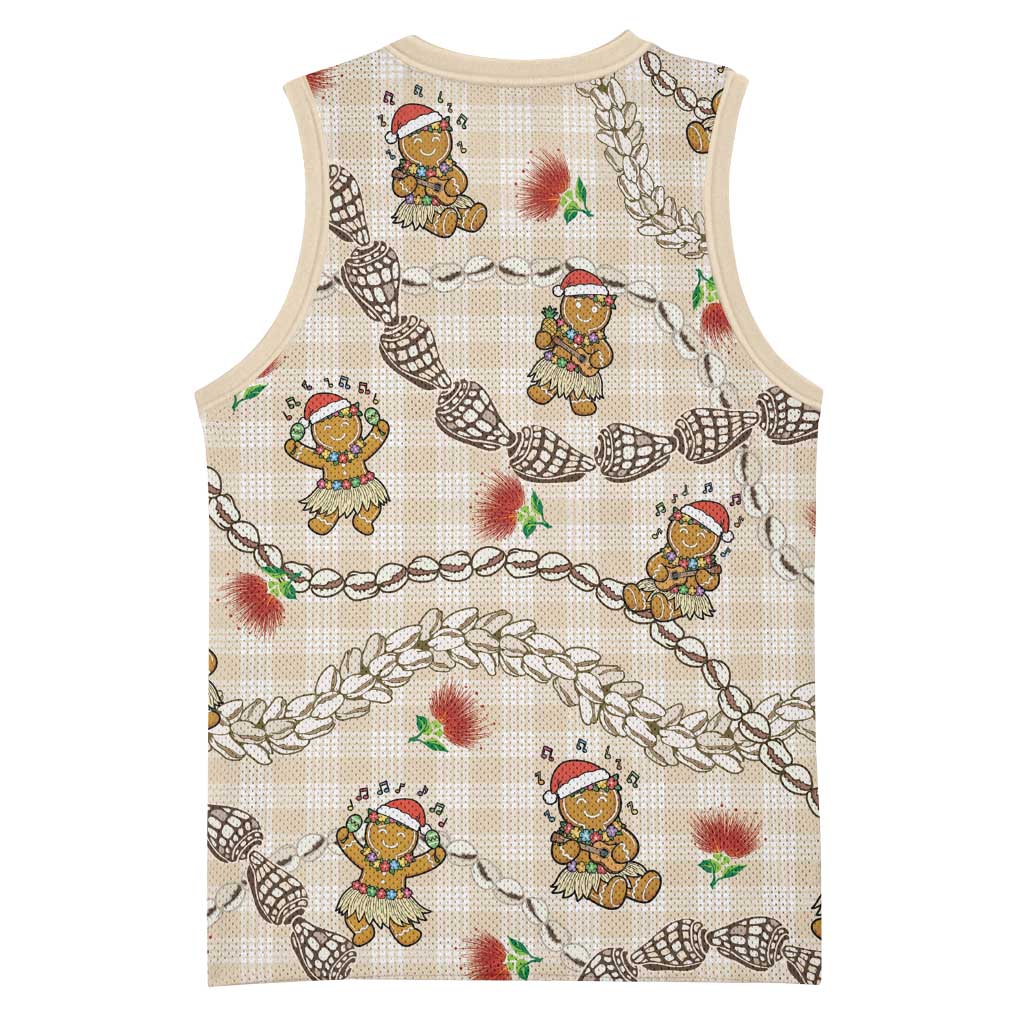Beige Palaka Hawaii Mele Kalikimaka Basketball Jersey Ohia Lehua Shell Leis Funny Gingerbread Santa LT14 - Polynesian Pride