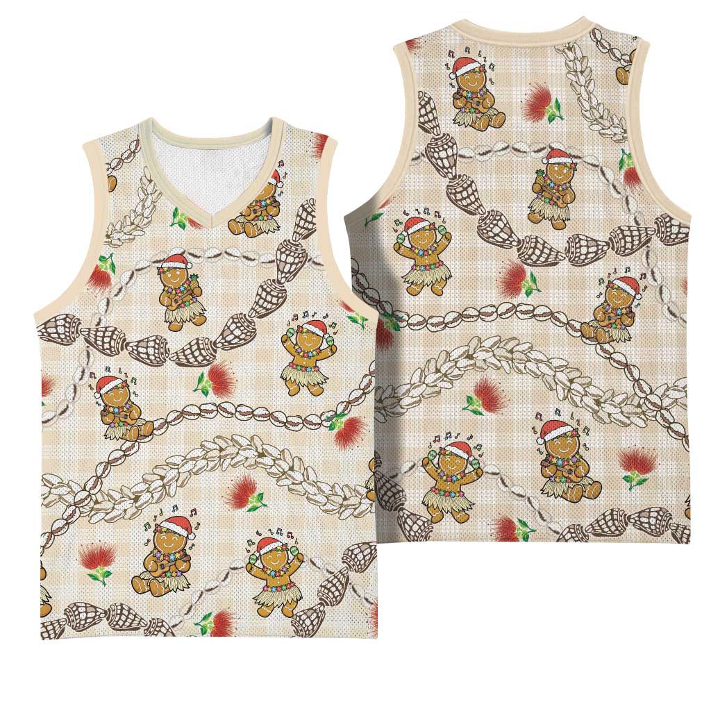 Beige Palaka Hawaii Mele Kalikimaka Basketball Jersey Ohia Lehua Shell Leis Funny Gingerbread Santa LT14 - Polynesian Pride