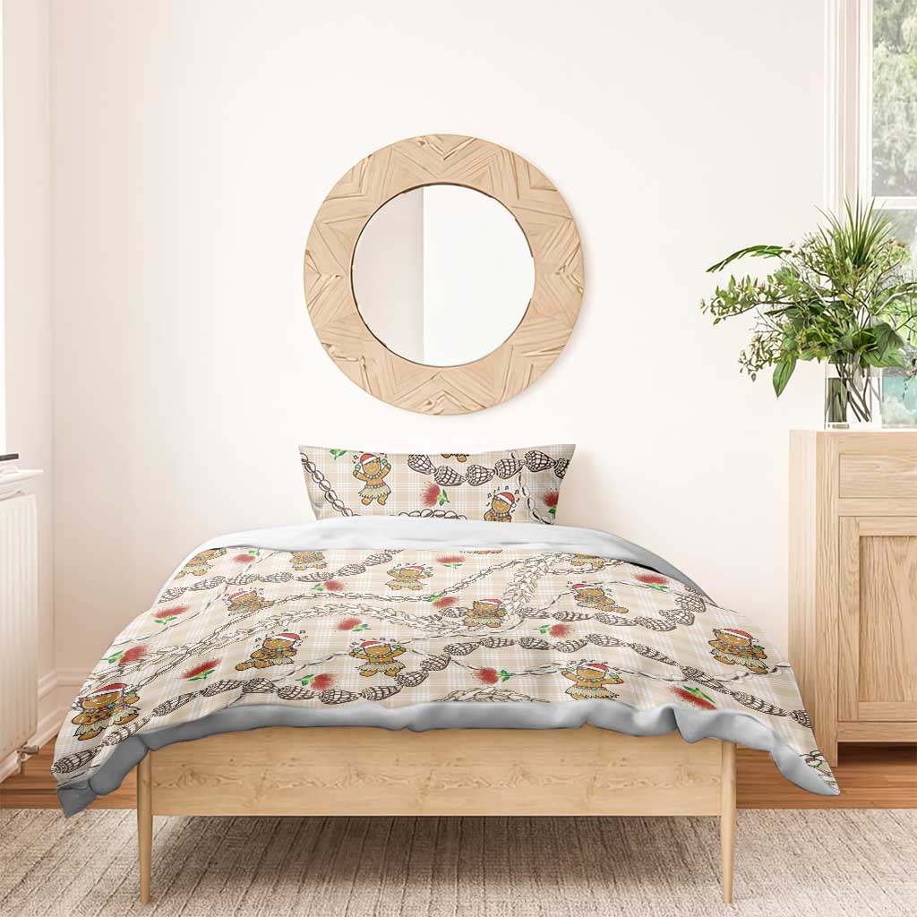 Beige Palaka Hawaii Mele Kalikimaka Bedding Set Ohia Lehua Shell Leis Funny Gingerbread Santa - Polynesian Pride