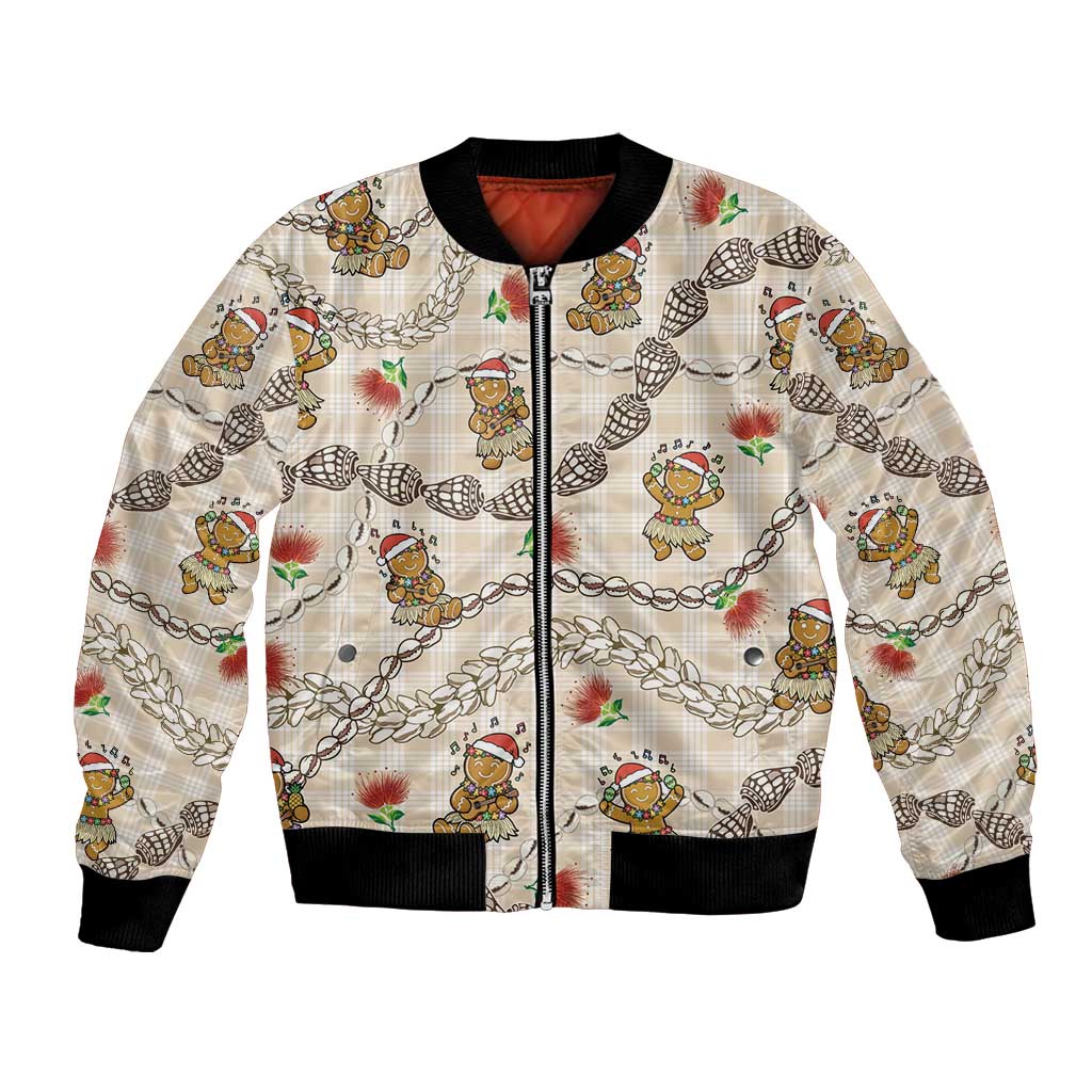 Beige Palaka Hawaii Mele Kalikimaka Bomber Jacket Ohia Lehua Shell Leis Funny Gingerbread Santa LT14 Unisex Beige - Polynesian Pride