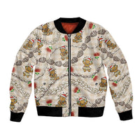 Beige Palaka Hawaii Mele Kalikimaka Bomber Jacket Ohia Lehua Shell Leis Funny Gingerbread Santa LT14 Unisex Beige - Polynesian Pride
