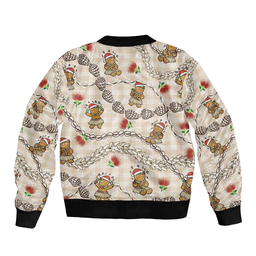 Beige Palaka Hawaii Mele Kalikimaka Bomber Jacket Ohia Lehua Shell Leis Funny Gingerbread Santa LT14 - Polynesian Pride