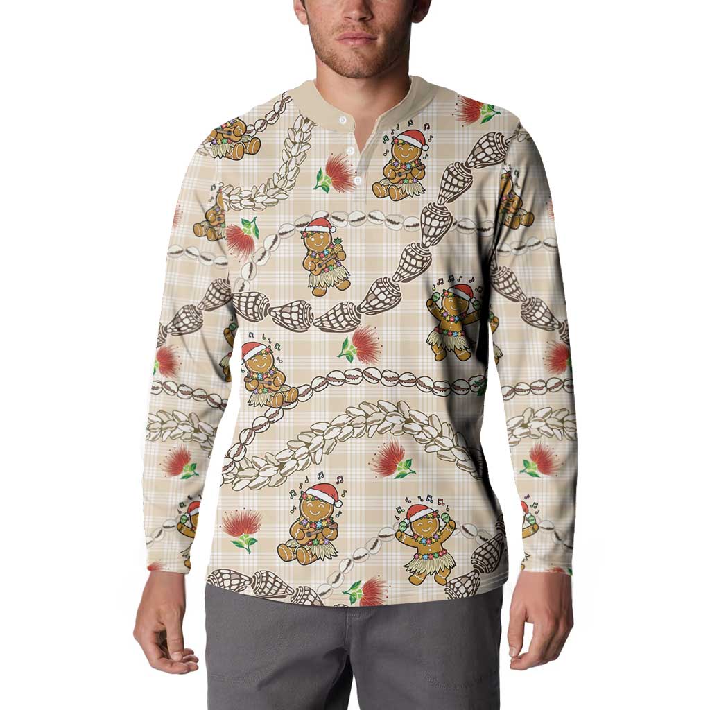 Beige Palaka Hawaii Mele Kalikimaka Button Sweatshirt Ohia Lehua Shell Leis Funny Gingerbread Santa - Polynesian Pride