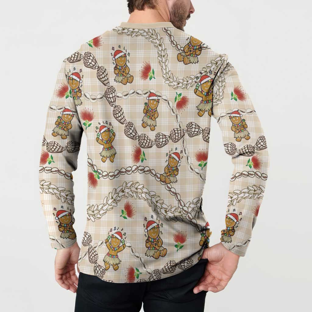Beige Palaka Hawaii Mele Kalikimaka Button Sweatshirt Ohia Lehua Shell Leis Funny Gingerbread Santa - Polynesian Pride
