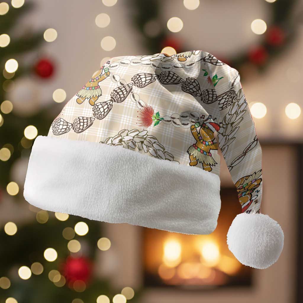 Beige Palaka Hawaii Mele Kalikimaka Christmas Santa Hat Ohia Lehua Shell Leis Funny Gingerbread Santa LT14 Without Fur Beige - Polynesian Pride